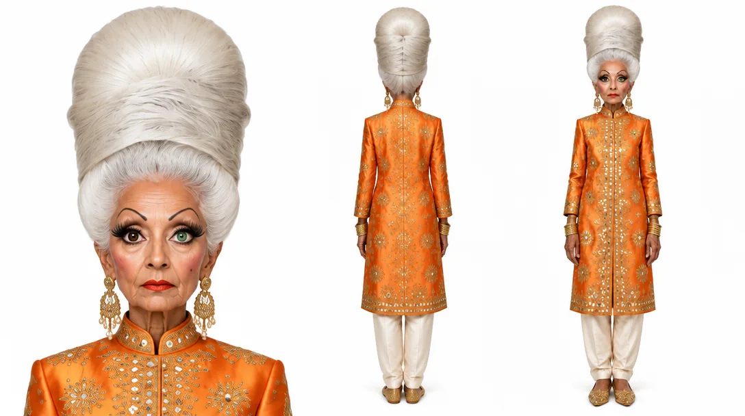 Matinee Grande Dame · three-view — AI character sheet