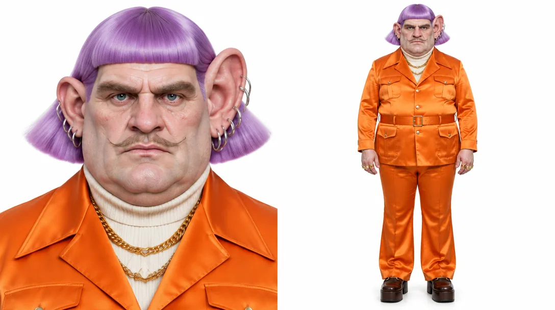 Seventies Bingo Caller · portrait + full body — AI character sheet