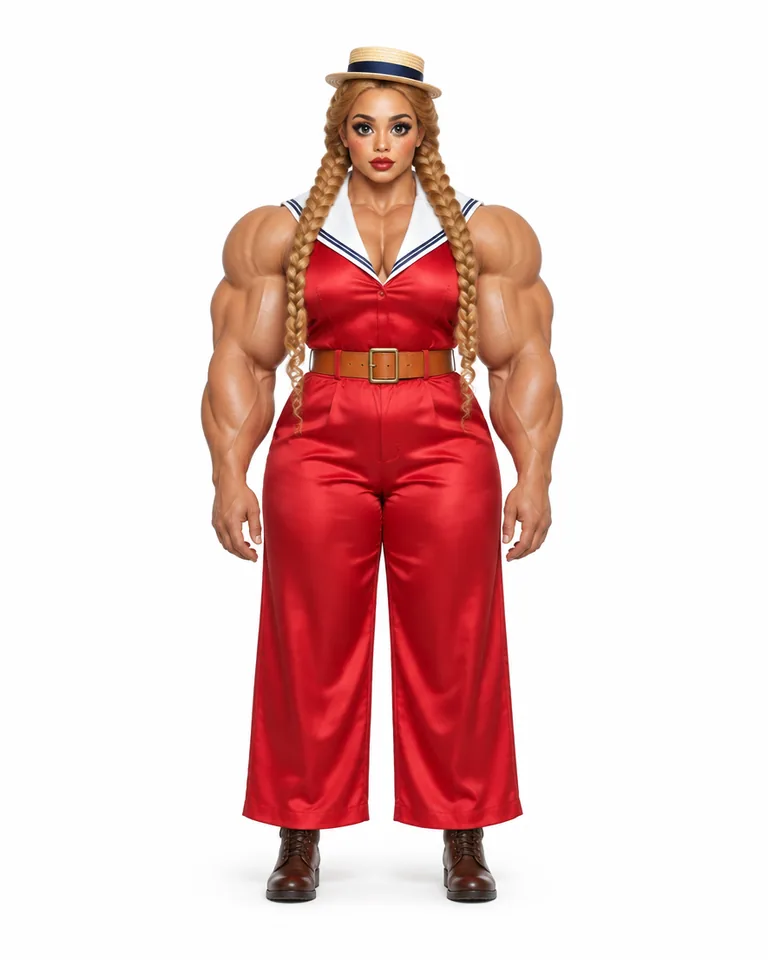 Vintage Circus Strongwoman: bodybuilder arms on a short neck, a doll face, honey-blonde box-braid plaits and a straw boater.