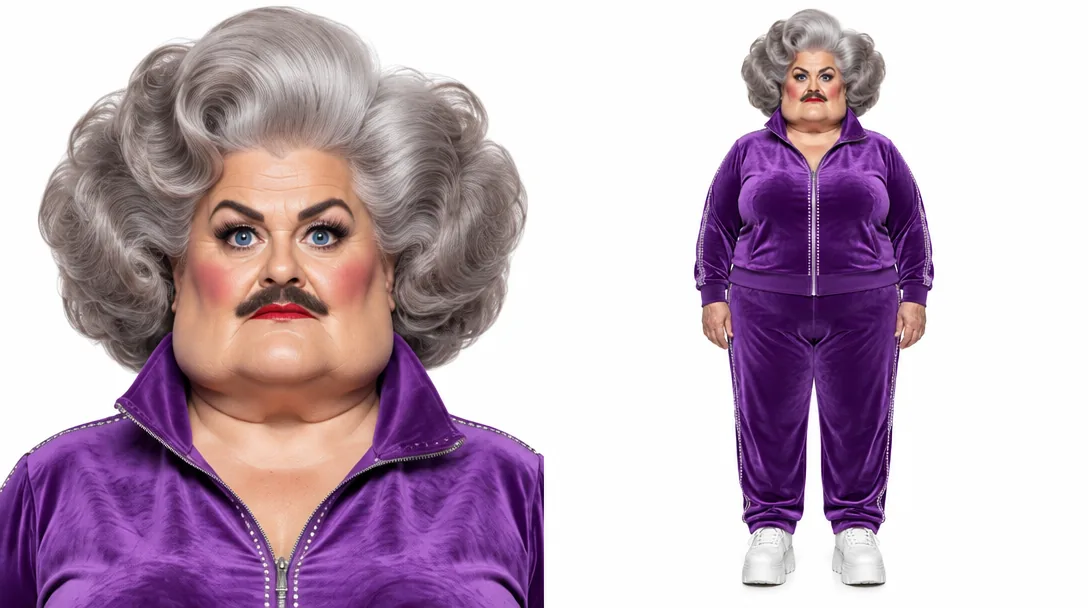 Mall Arcade Matriarch: a close-up portrait and a full-body view, in a violet velour tracksuit trimmed with rhinestones.