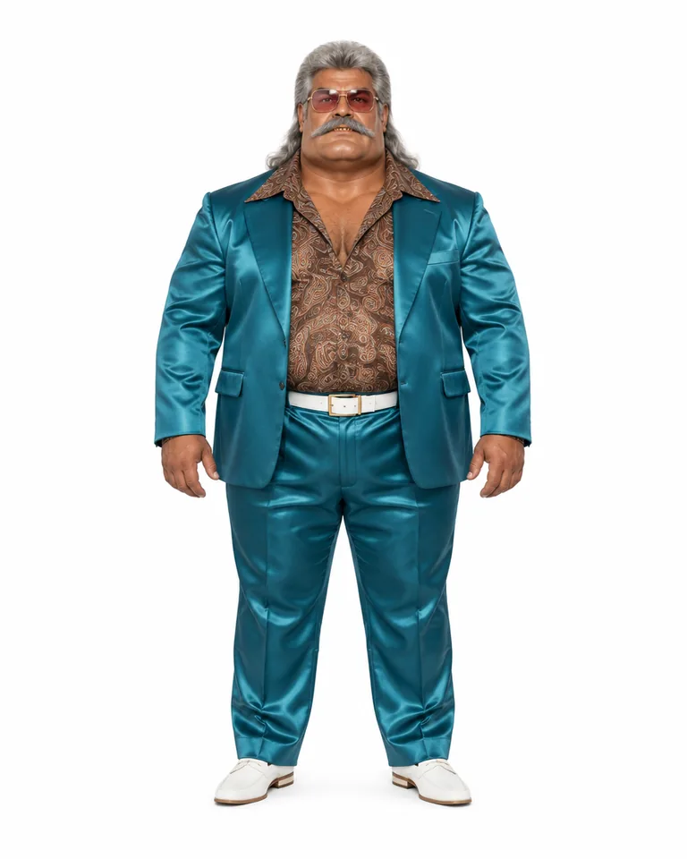 Used-Car Lot King: a grey mullet, a push-broom moustache, rose-tinted glasses and a teal 1970s leisure suit.
