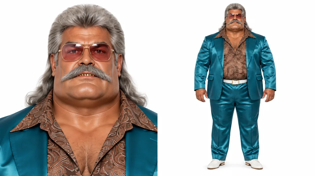 Used-Car Lot King · portrait + full body — AI character sheet